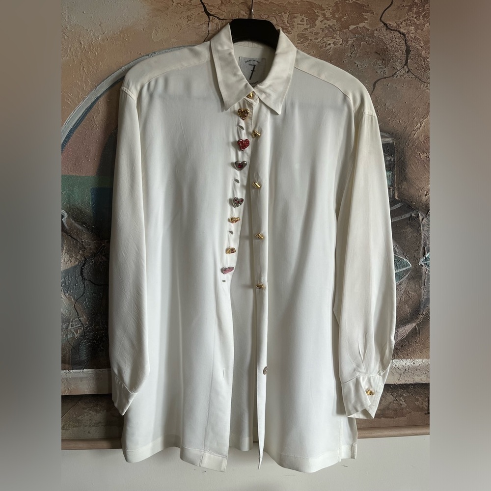 Times Seven Todd Oldham Vintage Button Embellished White Button-down Shirt